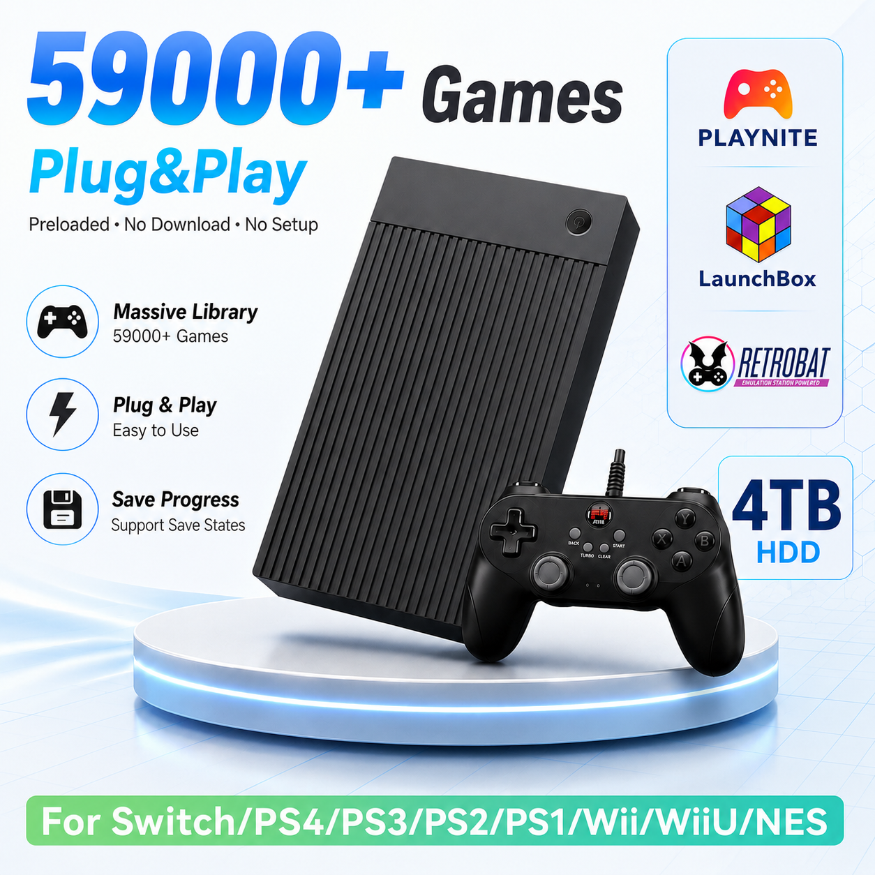 Retro Gaming Emulator Console - Portable 4TB Gaming HDD with 59599