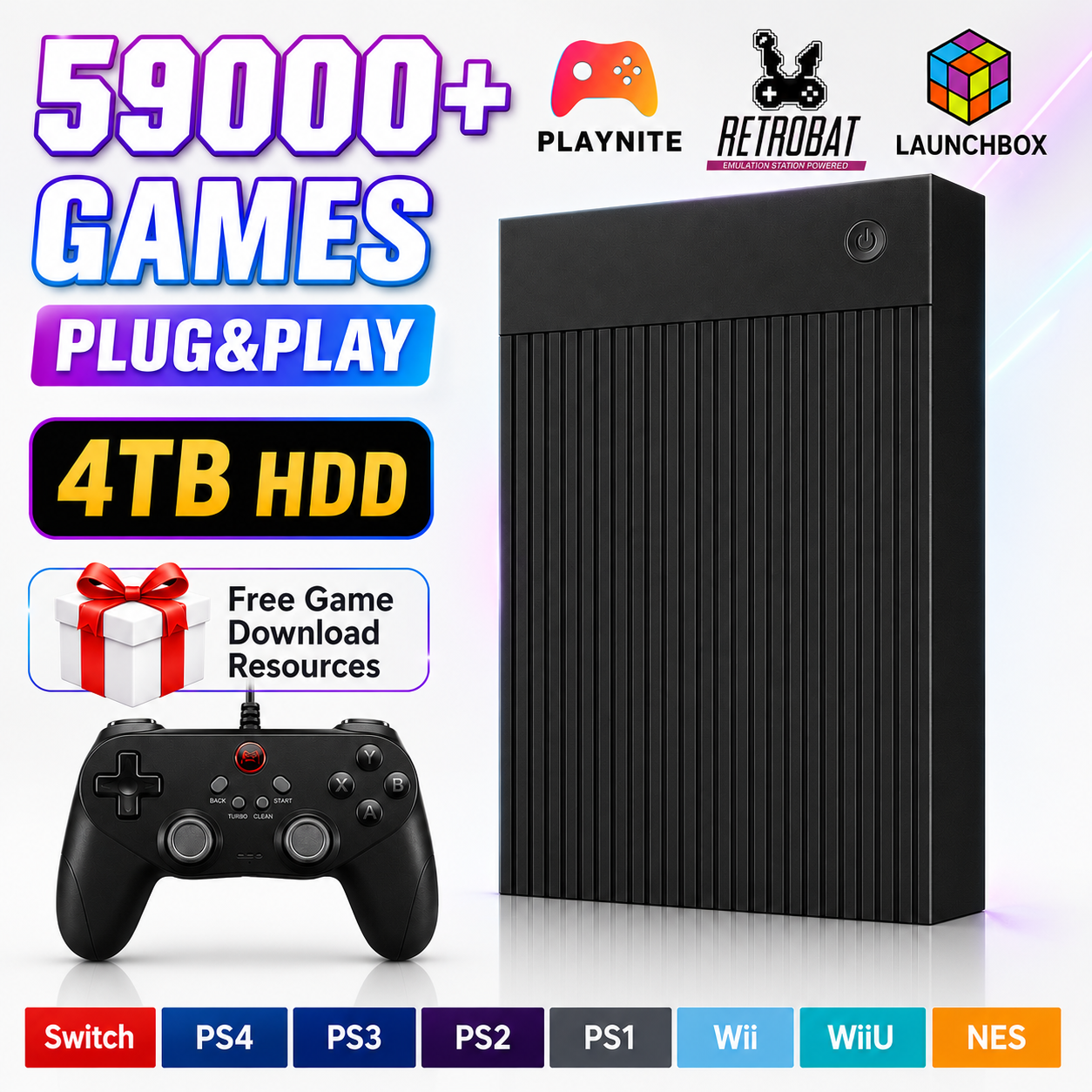 Retro Gaming Emulator Console - Portable 4TB Gaming HDD with 59000+Retro&3D&AAA